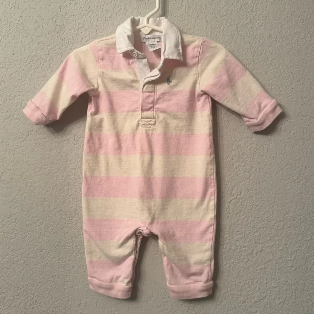 Ralph Lauren Light Pink Rugby Striped Collared One Piece